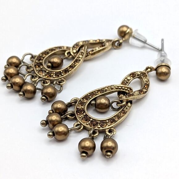 Vintage MONET Faux Pearl Rhinestone Chandelier Dangle Drop Earrings Bronze Tone - Picture 2 of 6
